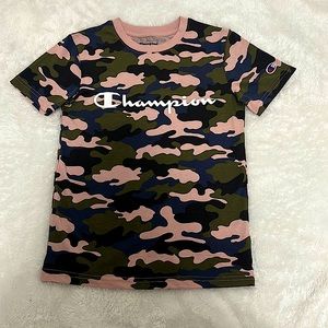 Girls camo champion t-shirt. Colors are pink, green, and navy blue.